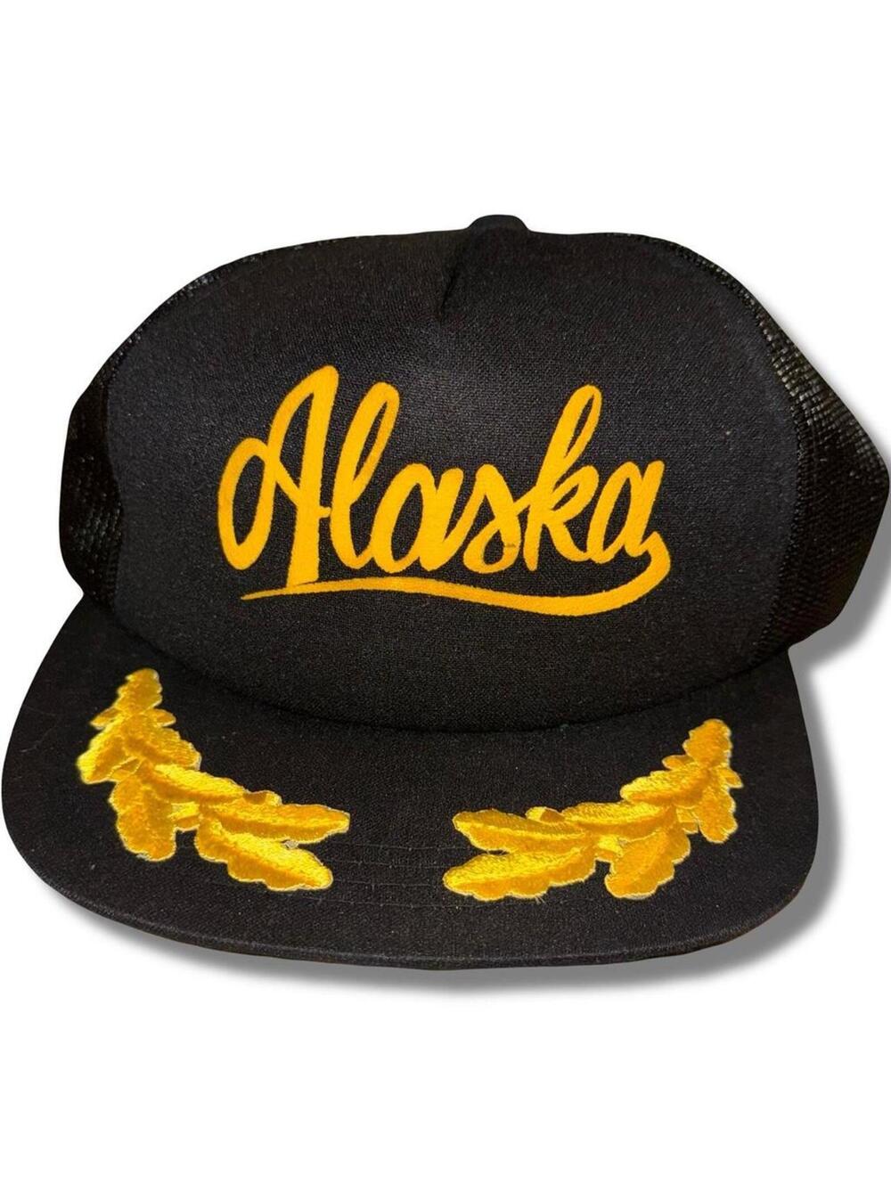 Vintage 80s Alaska snapback trucker hat with gold oak leaf scrambled eggs